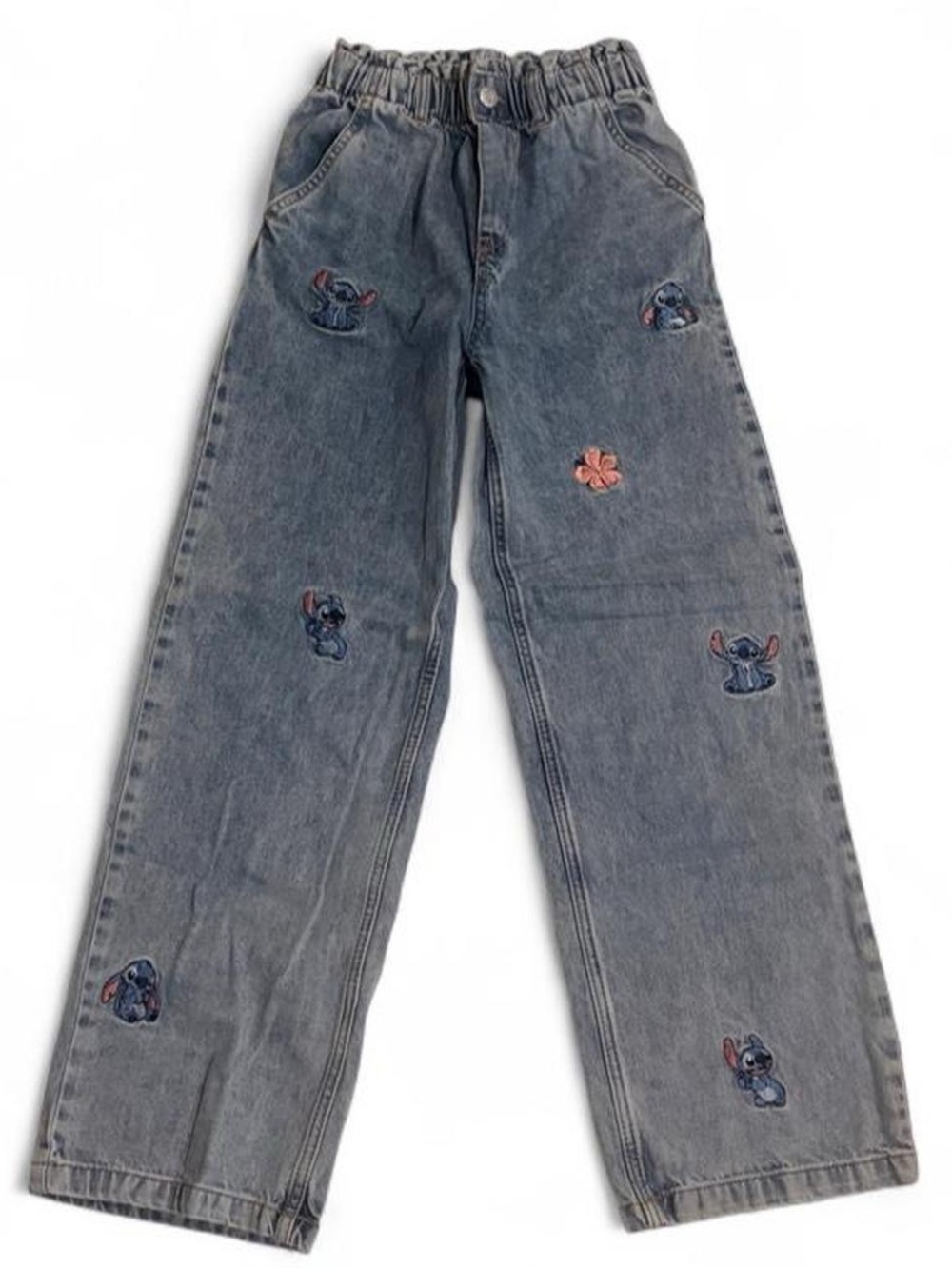 H&M kids Disney Stitch blue denim baggy jeans with embroidered patches